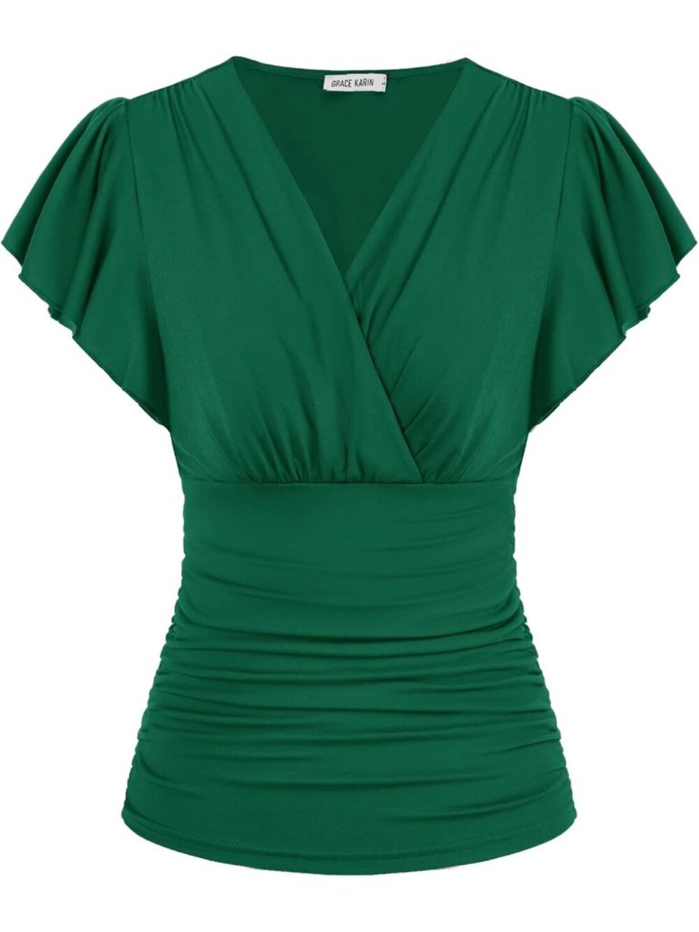 Women's T Shirt  Dark Green V Neck Casual Wrap Blouse Ruffle Sleeve Ruched Soft